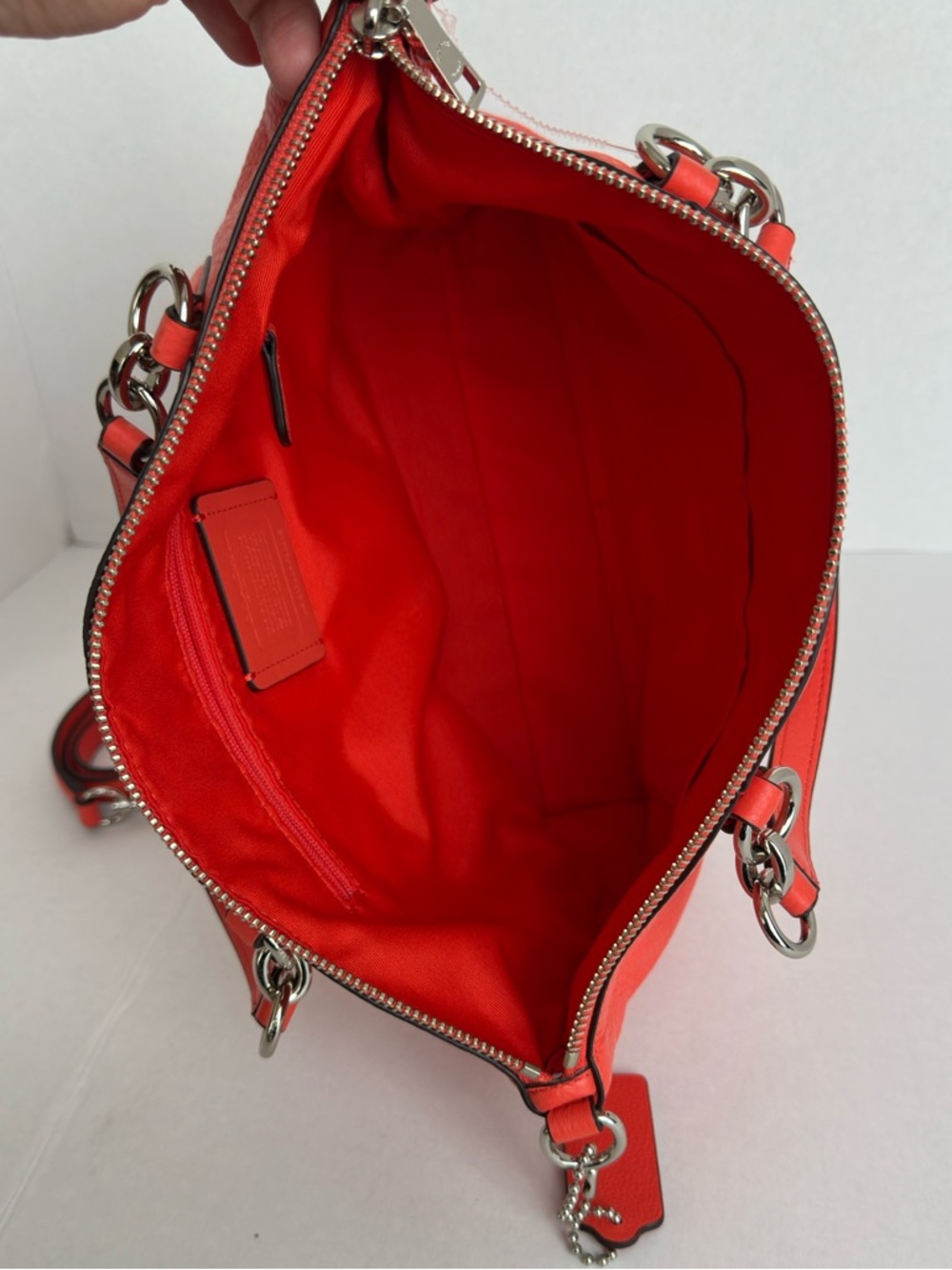 Coach Coral Red Pebbled Leather Satchel Crossbody Shoulder Bag Zip Top Classic - Picture 10 of 13